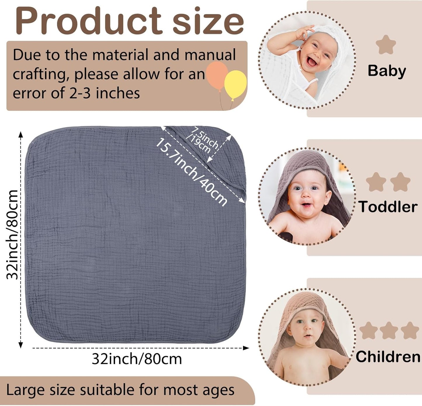 Peryiter 6 Pcs Muslin Hooded Baby Towels, 32"x 32" Cotton Newborn Bath Towel Muslin Infant Baby Blankets Absorbent Unisex Newborn Registry Gift Essentials for Girls Boys (Elegant Color)