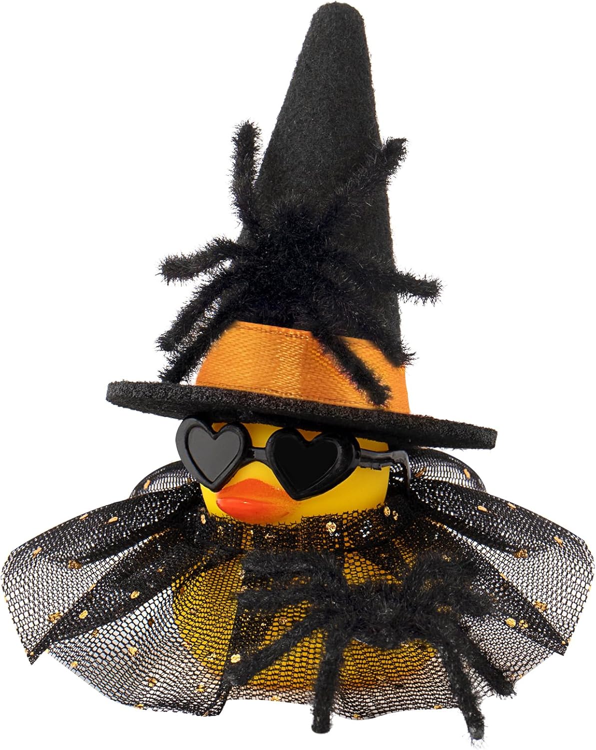 wonuu Car Dashboard Spider Witch Rubber Ducks for Halloween, Decorations Duck for Office Desk Ornament Accessories with Hat Glasses Skirt, for Halloween Party Gifts (Gold Point Skirt Orange)