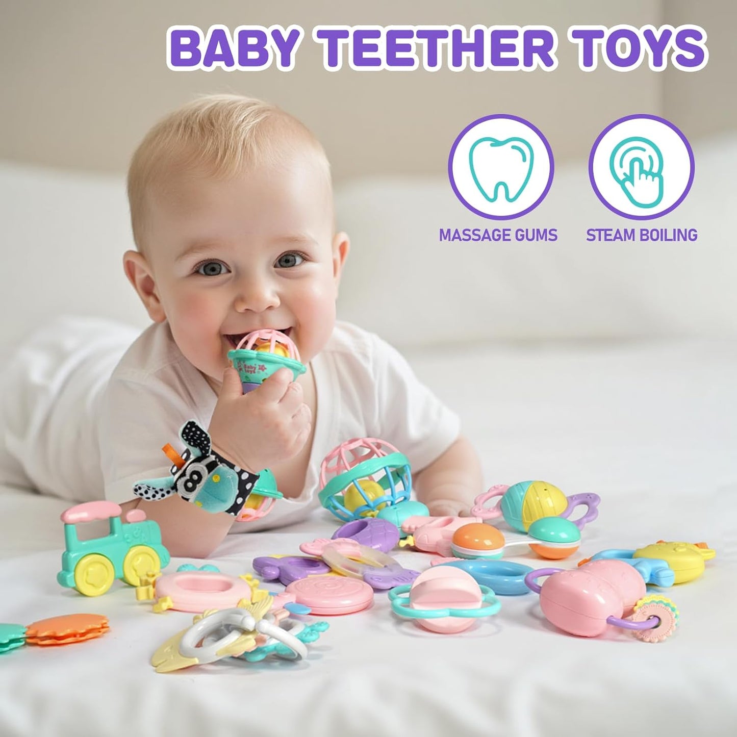 Baby Rattles 0-6 Months,Infant Sensory Teething Toys Set for 3-6 Months with Wrist Socks,Learning Developmental Toys,Perfect Baby Gift for 6-12 Months Newborn Boys Girls (Purple Rattle Set)