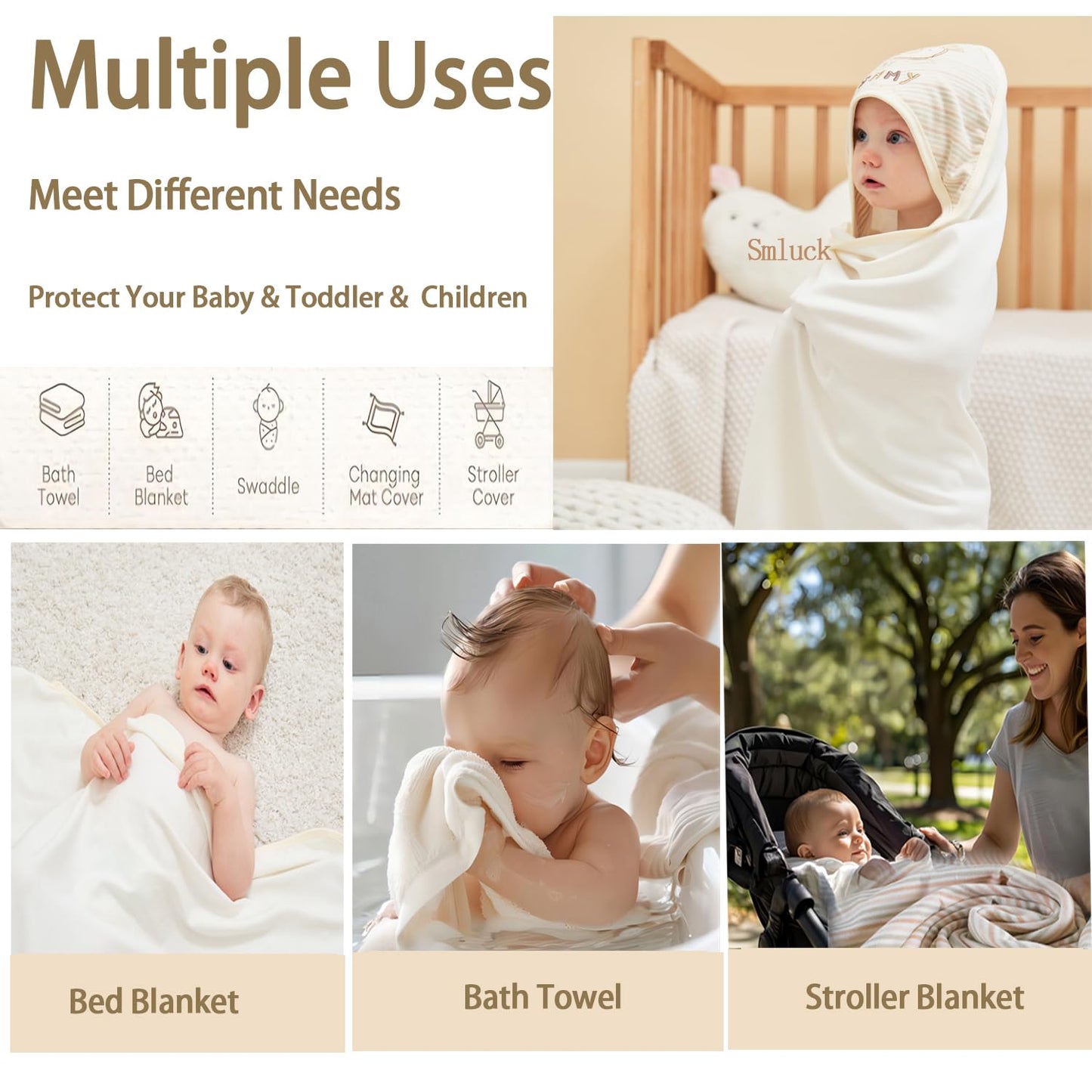 6-Pack Organic Cotton Baby Hooded Towel & Washcloths Set - Ultra Soft, Reusable, Baby Bath Towel for Newborns, Infants & Toddlers, Unisex Gifts, Brown 37.5 x 37.5 Inches
