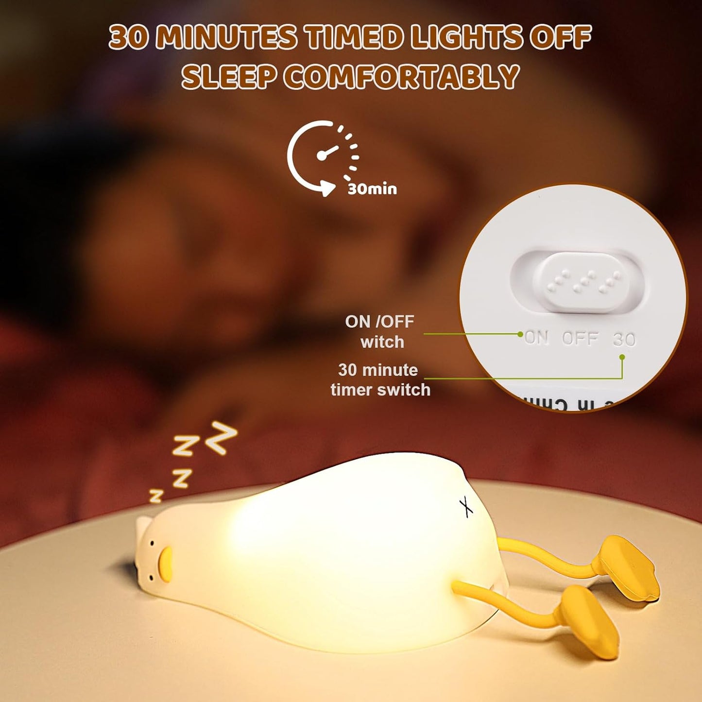 Duck Night Light, Touch Control Dimmable Silicone Bedside Lamp for Kids, USB-C Charging & 30-Min Timer, Nursery Decor Gift