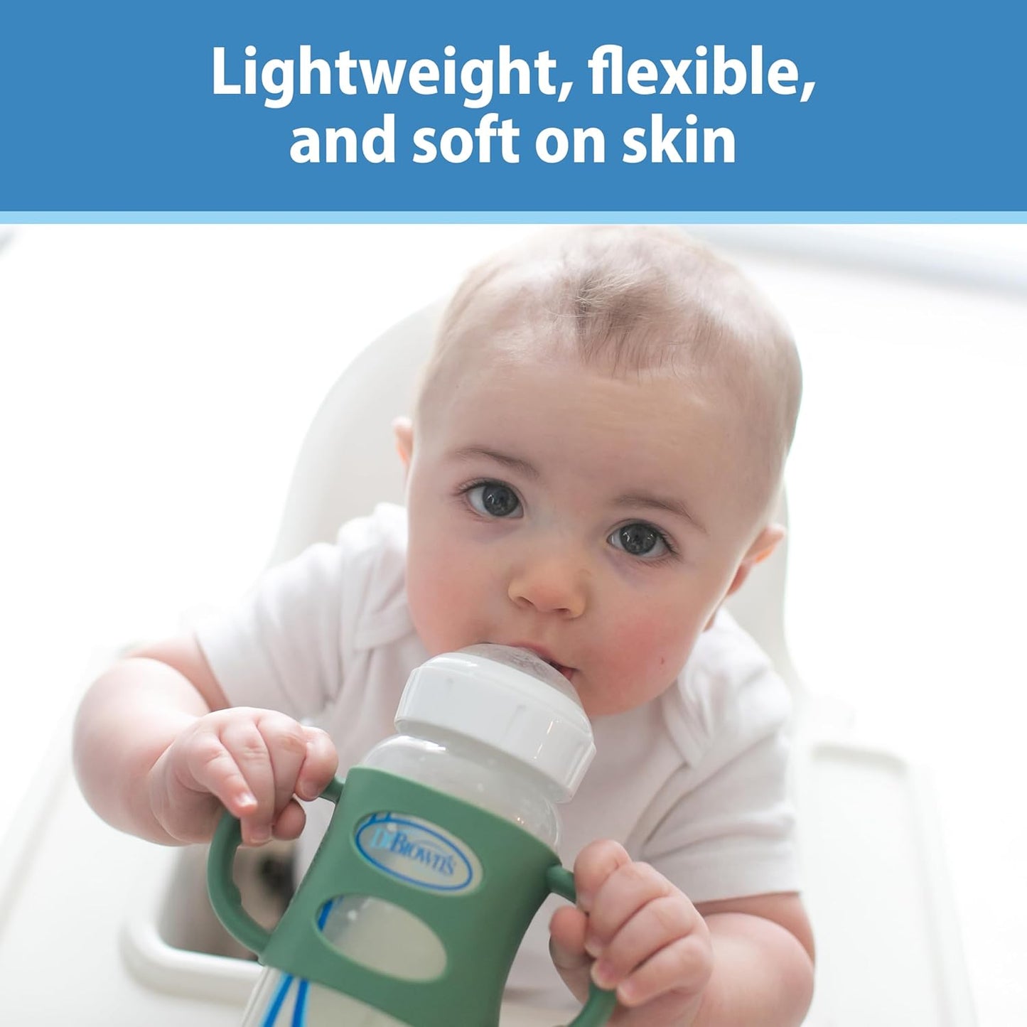 Dr. Brown's Wide-Neck Baby Bottle Handles, 100% Silicone, Easy Grip Removable Handles for Bottle to Sippy Cup Transition, Blue, 4m+