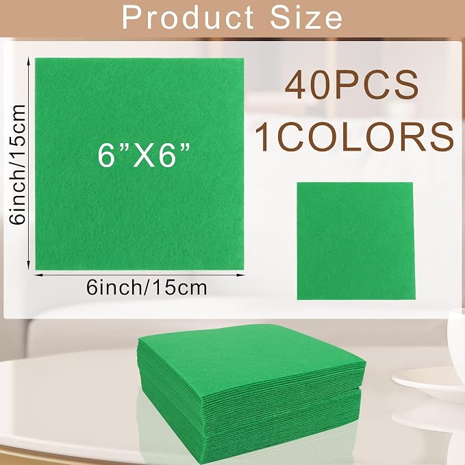 40 Pcs Stiff Felt Fabric Sheet for Crafts, 1mm Thick and 6”x6”Green Felt Fabric