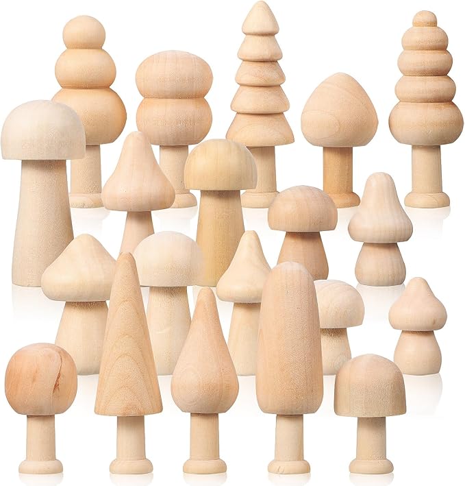 Kisangel 20pcs Mini Wood Mushrooms Wooden Trees Unpainted Little Pegs