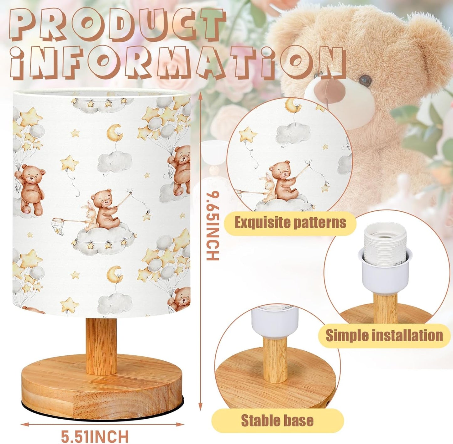 VIHOSE Bear Kids Table Lamp for Bedroom Kids Bedside Lamp with Linen Wooden Nightstand Cartoon Nursery Lampshade for Girls Boys Living Room