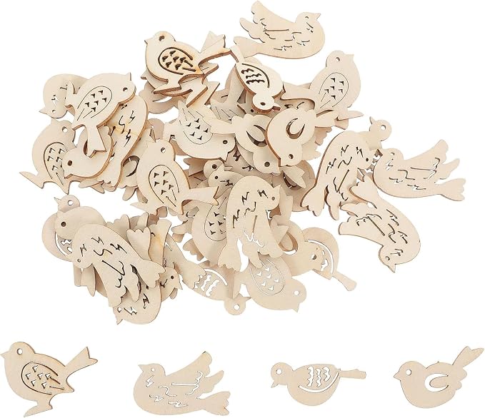 50pcs Wooden Bird Pattern DIY Craft Embellishments – Unfinished Wood Slices