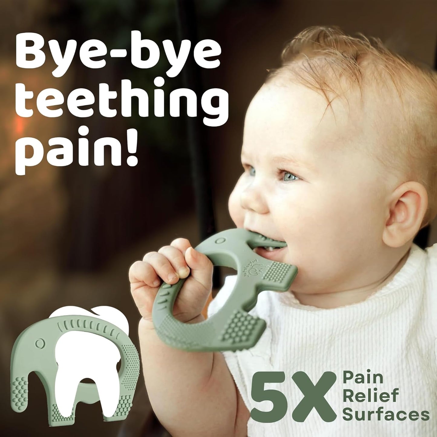 Baby Elefun Baby Teething Toys 5X Pain Relief Zero Delay 6-12 Months Olive