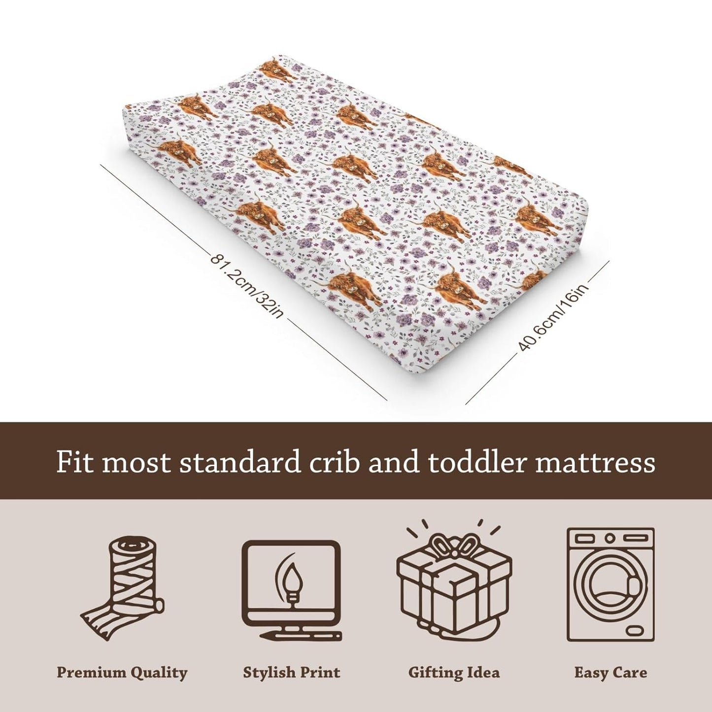 Soft 2 Pack Highland Cow Floral Pattern Baby Changing Pad Covers for Infant Newborn, Unisex Farm Animals Western Cow Flowers Nursery Fitted Diaper Changing Table Pad Mat Sheets for Boys Girls-16x32