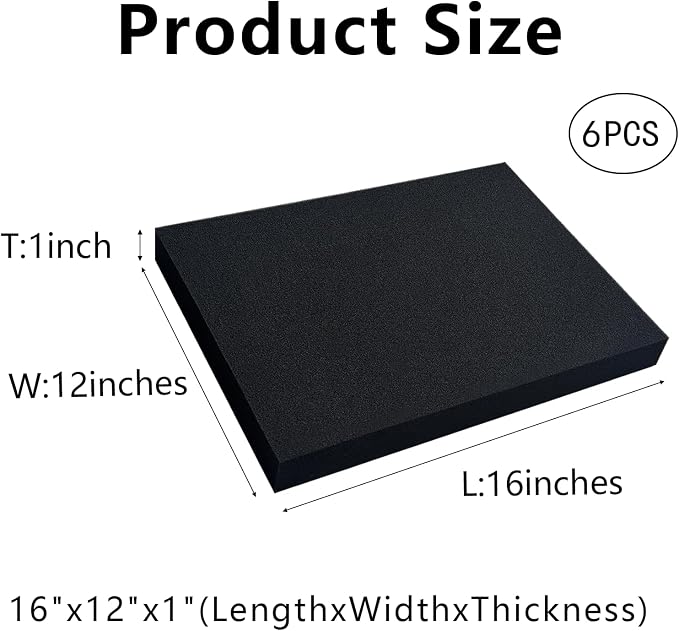 6 PCS 16" x 12" x 1" Polyurethane Foam Sheets Black Cushion Foam Panels | Foam