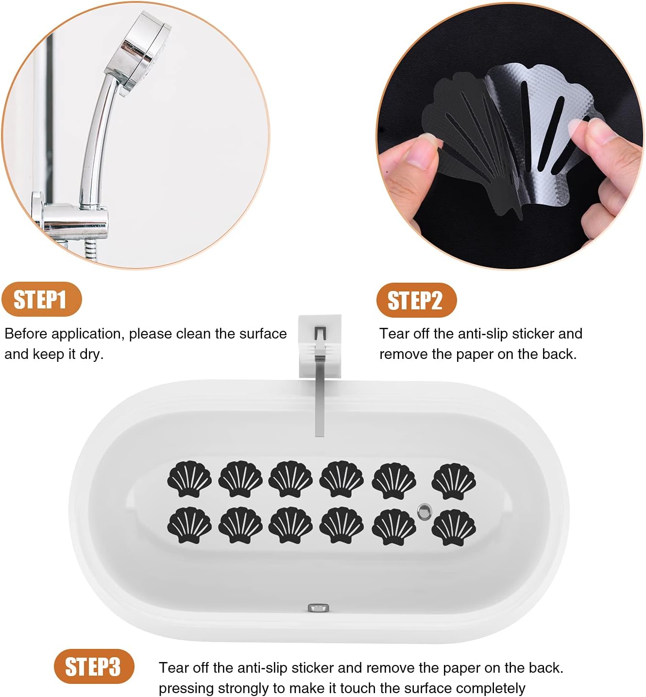 Non-Slip Bathtub Stickers, 24 PCS Shell Safety Bathroom Tubs Showers Treads Adhesive Decals Scraper (Black)