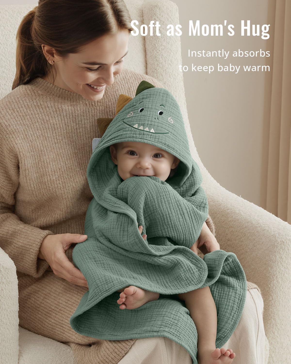 Blissful Diary Muslin Baby Hooded Towel, Soft and Absorbent Bath Towel for Newborn, Infant, Toddler, Unisex, 32″x32″ - Roguish Dino