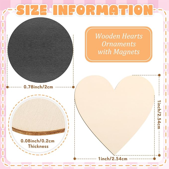 Qunclay 80 Pcs 1 Inch Small Wooden Heart Magnets