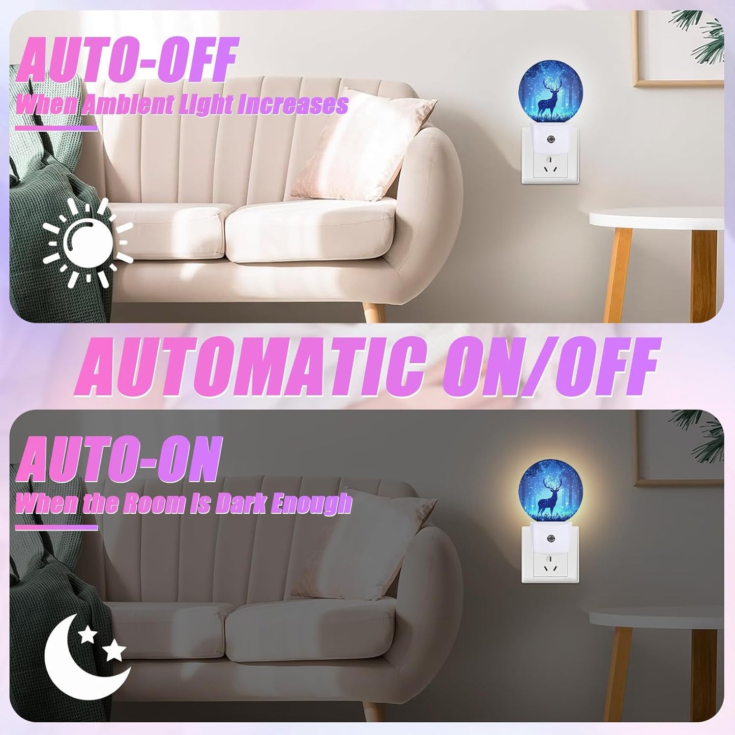 Deer Pine Tree Night Light Foggy Forest Night Lights LED Lamp Round Plug into Wall Nightlight with Dusk to Dawn Sensor Home Hallway Stairway Kitchen Decor