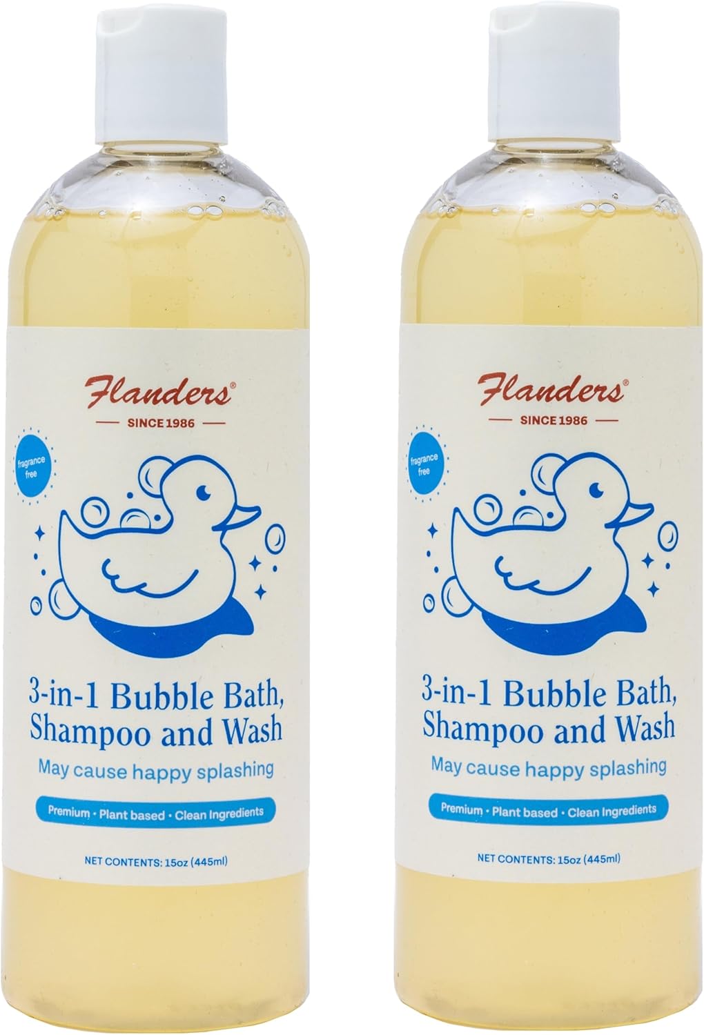 Flanders Bubble Bath - Shampoo & Wash 3-in-1, Pharmacist Developed, Plant Based, Unscented, Clean Ingredients, Calming & Fun for Sensitive Skin, All Ages (2 Pack of 15oz Bottles)
