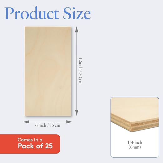 6 mm Baltic Birch Plywood 1/4 x 6 x 12 Inch, Box of 25 B/BB Grade Craft Wood