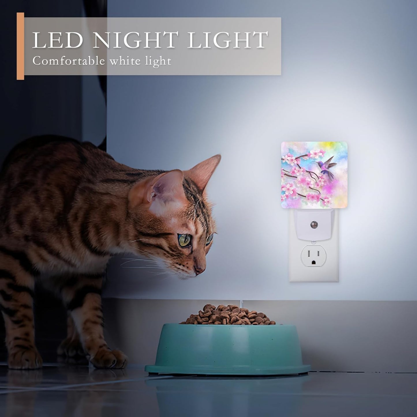 Cherry Blossoms Night Light,Humming Bird Night Lights Plug into Wall for Boys Girls Bedroom Decorative Half Round Nightlight Led Lamp 0.5W Sleep Friendly