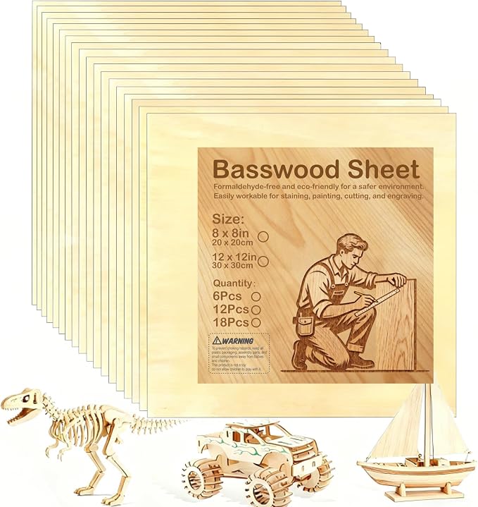 Basswood Plywood Sheets, 12 x 12 in, 1.5 mm, 18 Pack | Smooth unfinished wood