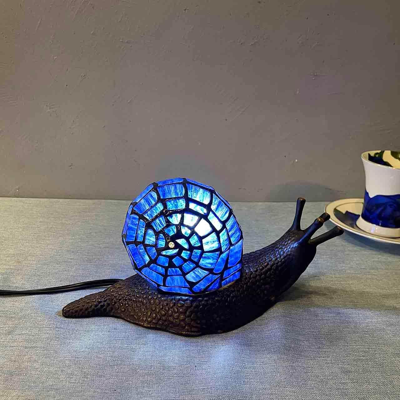 Bieye L10983 Land Snail Tiffany Style Stained Glass Accent Table Lamp for Home Decoration (Blue, 10" D x 5" W x 5" H)