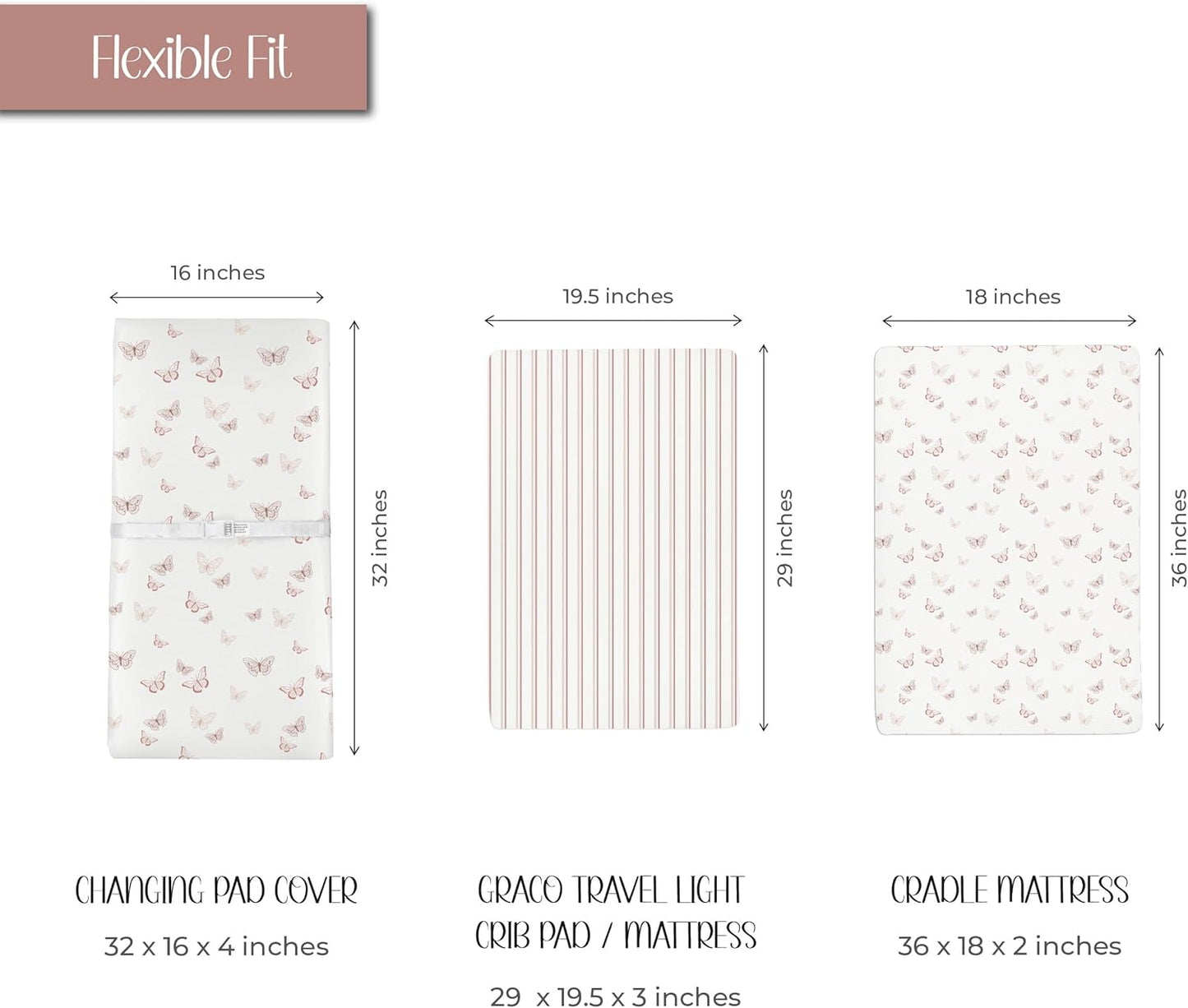 Ely’s & Co. Changing Pad Cover, Diaper Changing Table Sheets, 2 Pack, Cradle Sheet Set for Baby Girls, 100% Jersey Knit Cotton, 32”x16”x5” Pink Butterfly + Stripe Collection