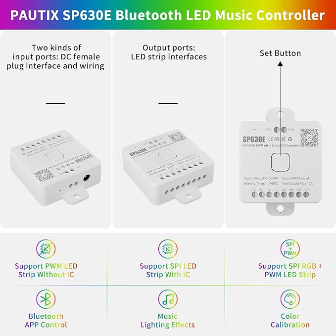 PAUTIX 12-in-1 Bluetooth LED Music Controller Addressable SP630E,Full Color Controller iOS/Andriod App Control Support Almost All LED Strip Lights CCT/RGB/RGBW/WW/RGBCCT,Matrix Panel(Without Battery)