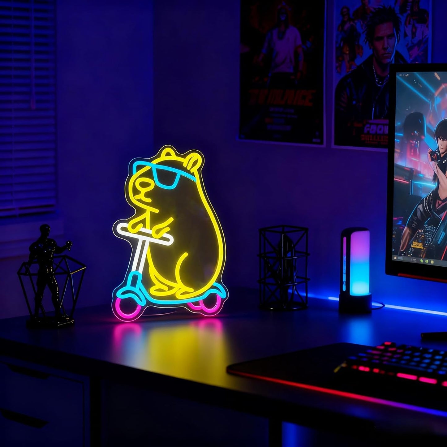 Cool Capybara Neon Sign, Dimmable Cute Animal with Shades on a Scooter, Lemon Yellow Capybara LED Lights for Wall Decor, Bedroom, Game Room, Kids Room, Birthday Party Decor, Teen Gifts