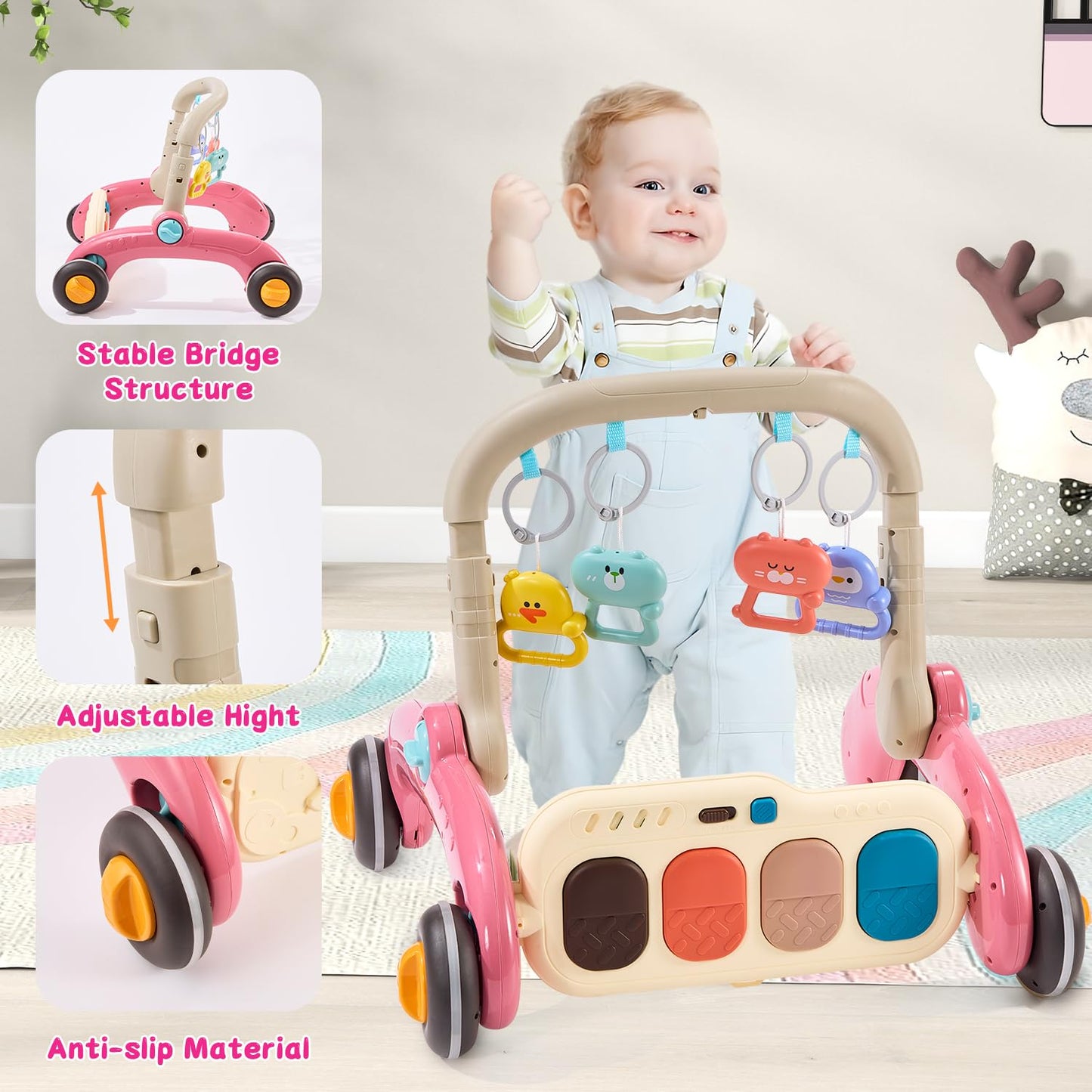 Baby Play Gym Walker Kick and Play Piano Gym for Boys Girls Play Mat Musical Tummy Time Mat Infant Christmas Newborn Gifts Toddlers (Fox Upgraded)