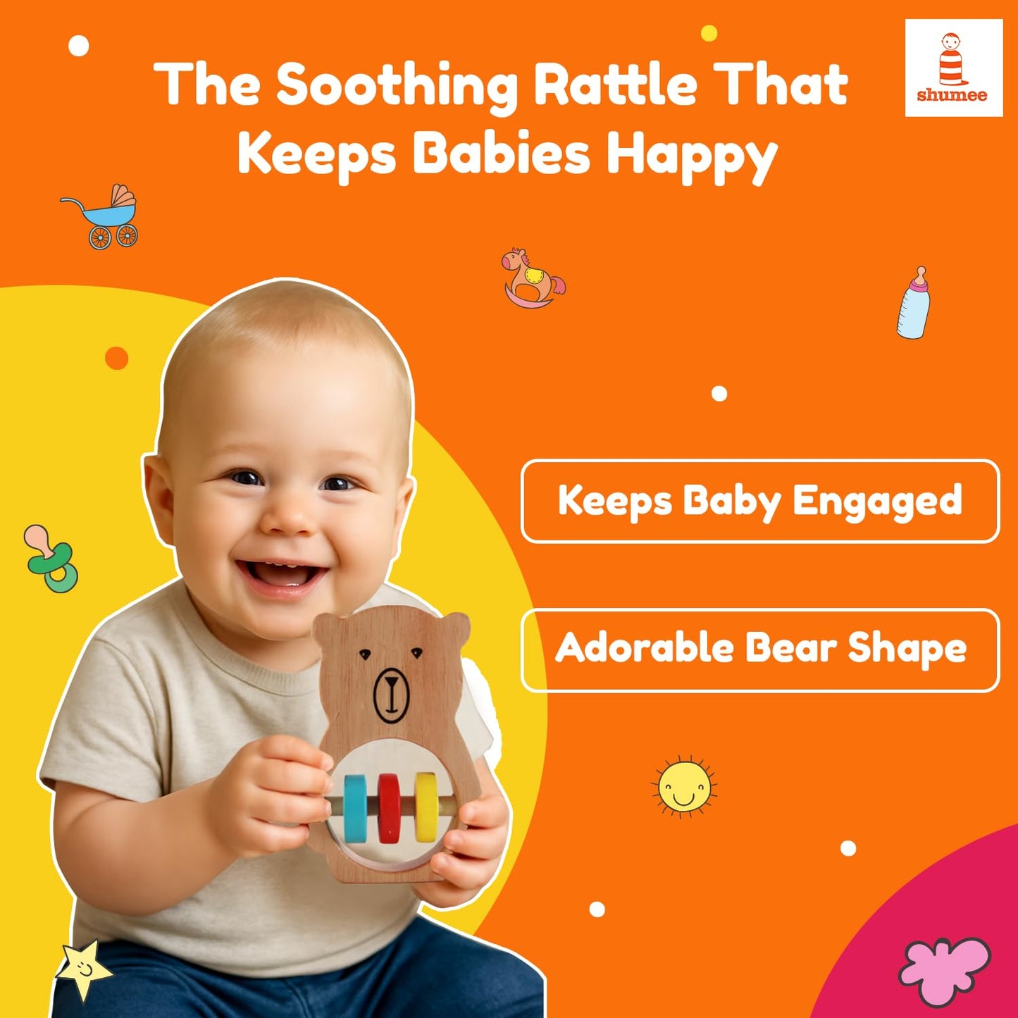Shumee Wooden Baby Bear Rattle & Teether Wooden Montessori Toy For Babies (0-6 Months), Lightweight & Safe Enhances Grasping Wooden Rattle For Baby. Smooth Edges Sustainable Certified 100% Child Safe.