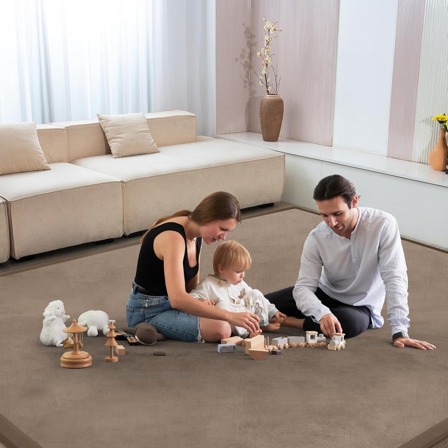 Baby Play Mat for Floor Tummy Time Mat Nursery Muscle Area Rug Playroom Rug Tatami 59"*71" Memory Foam 1.3" Thick Crawling For Babies,Toddlers, Infants, Kids,Floor(Brown)