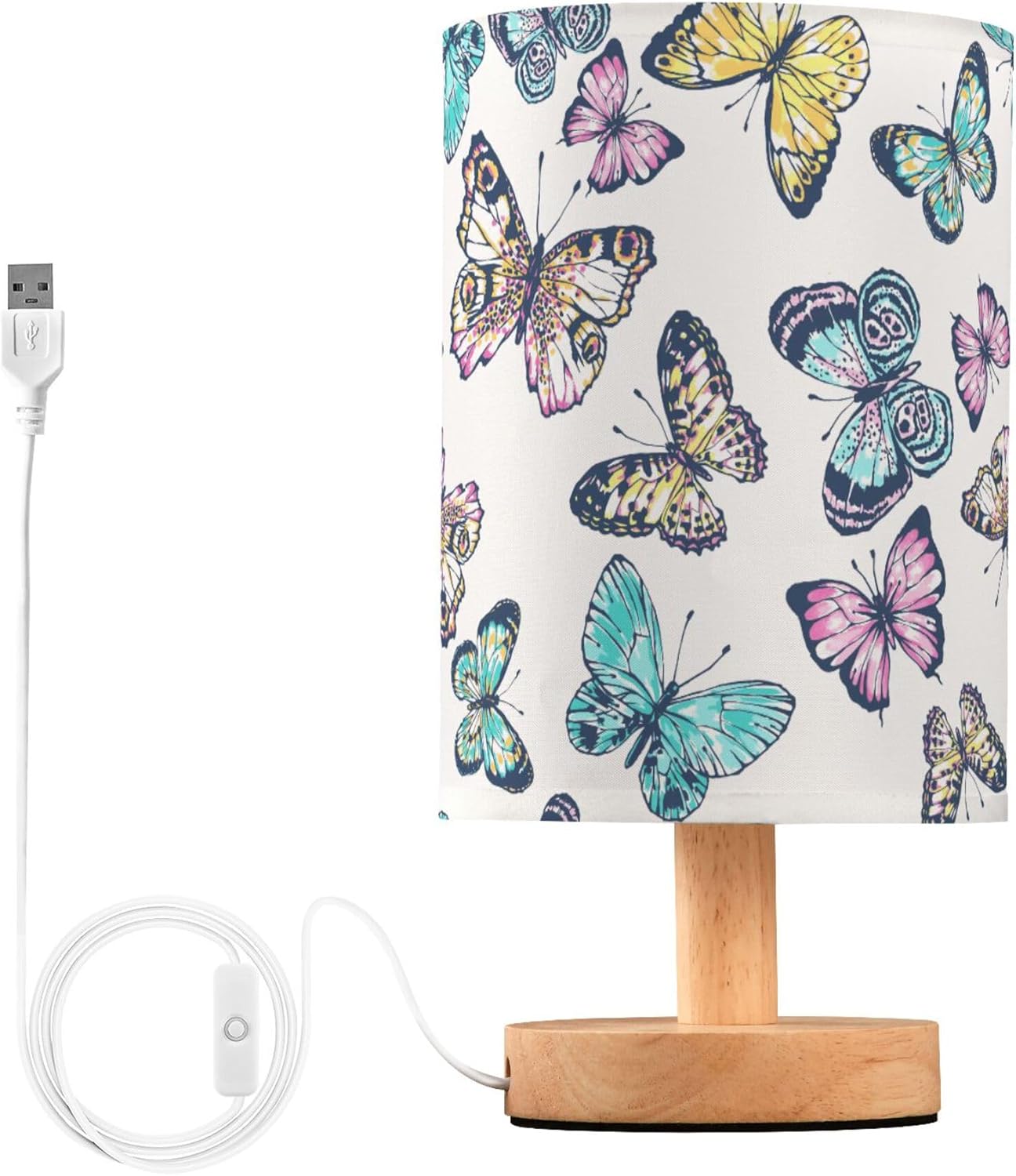 Table Lamp Pretty Butterflies Nightstand Lamp with Wood Base Fabric Lamp Shade Bedside Desk Lamp for Living Room Bedroom Kids Room Office