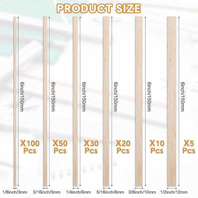 Yulejo 215 Pieces Balsa Wood Sticks Wooden Dowel Rods Square Hardwood