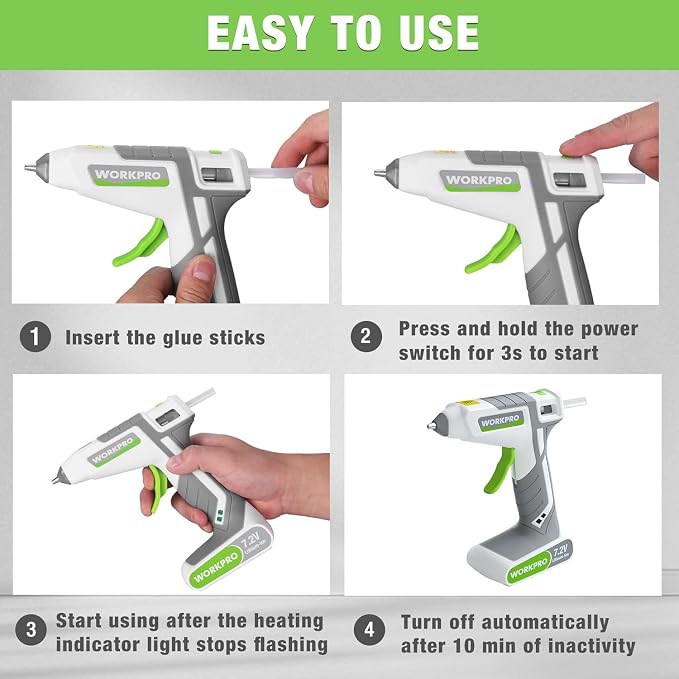 WORKPRO 7.2V Cordless Hot Melt Glue Gun, Rechargeable Fast Preheating Glue Gun