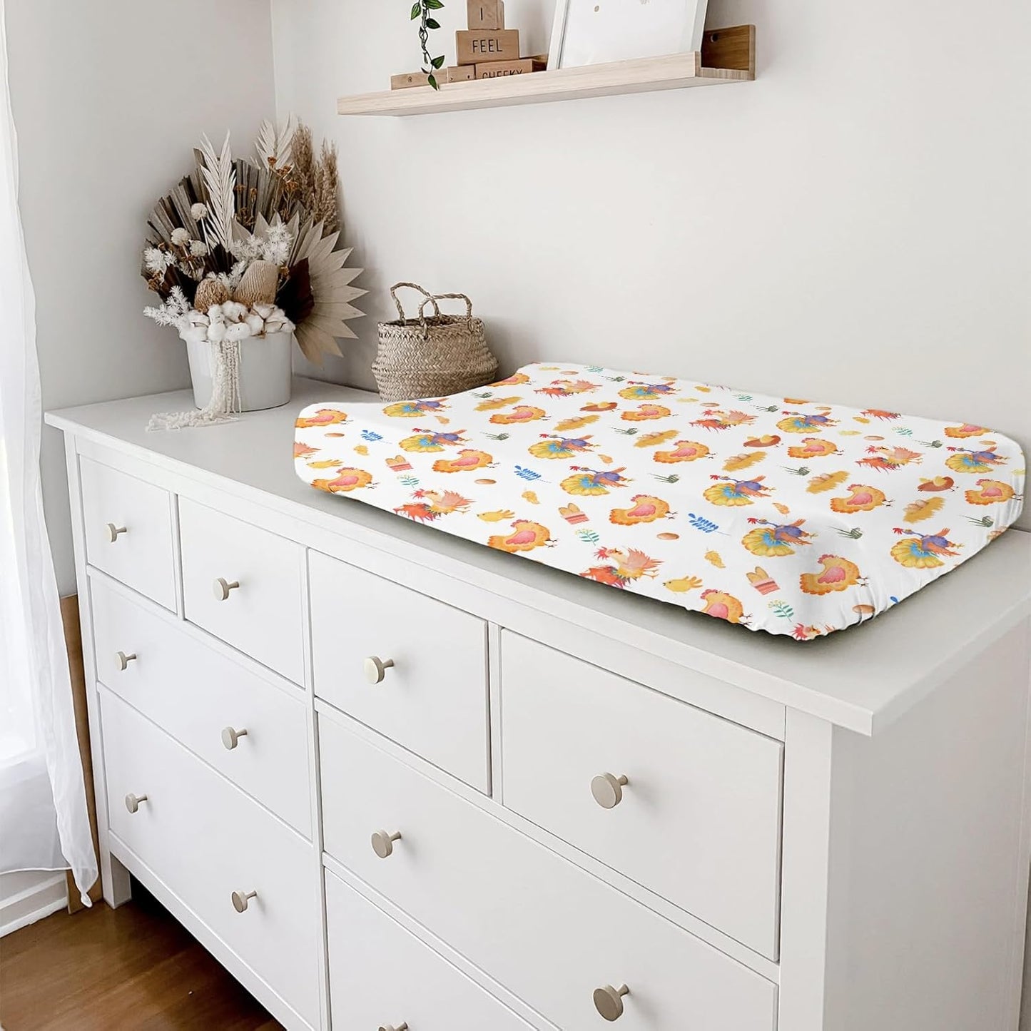 Rooster Hens Chicken Eggs Floral Leaves Changing Pad Cover for Boys Girls Baby Chicken Farm Animals Unisex Diaper Change Pad Table Sheets Soft Stretchy Snug Fitted Change Table Mats 32''x16''