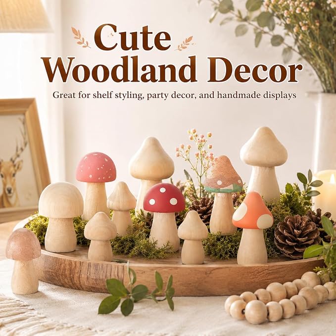 60Pcs Wooden Mushrooms, 6 Sizes of Natural Unfinished Wooden Mushroom, Wood