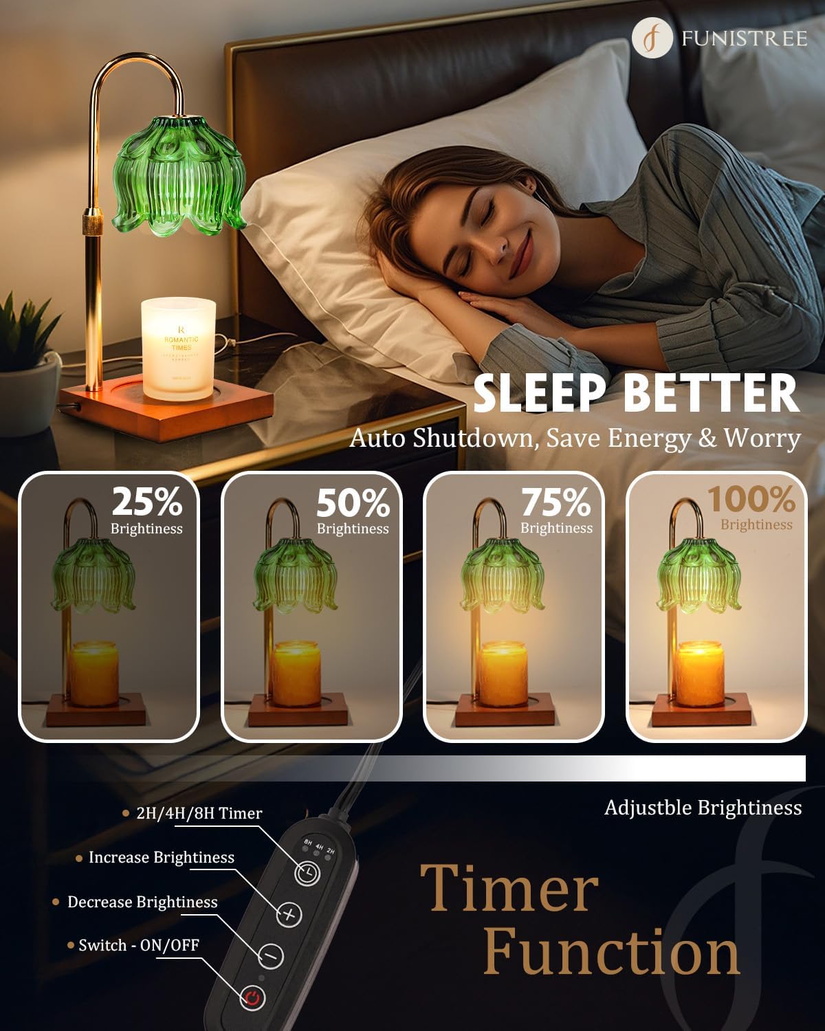 Green Candle Warmer Lamp with Timer & Dimmer, Candle Lamp Warmer Adjustable Height, Gifts for Women Mom Birthday Christmas, House Warming New Home Bedroom Decor,Lotus Flower Wax Warmer for Jar Candles