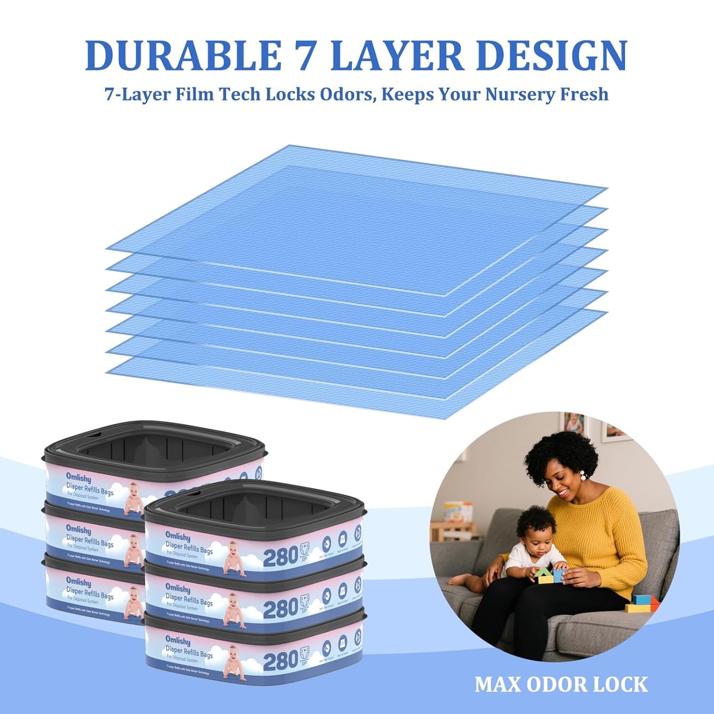 6 Pack Standard Square Bags Refill Compatible with Diaper Genie Compact, Select and Classic Pails, Max Odor Control, Disposal Bag Refills with Continuous Film, Hold Up to 280 Newborn-Sized Diapers