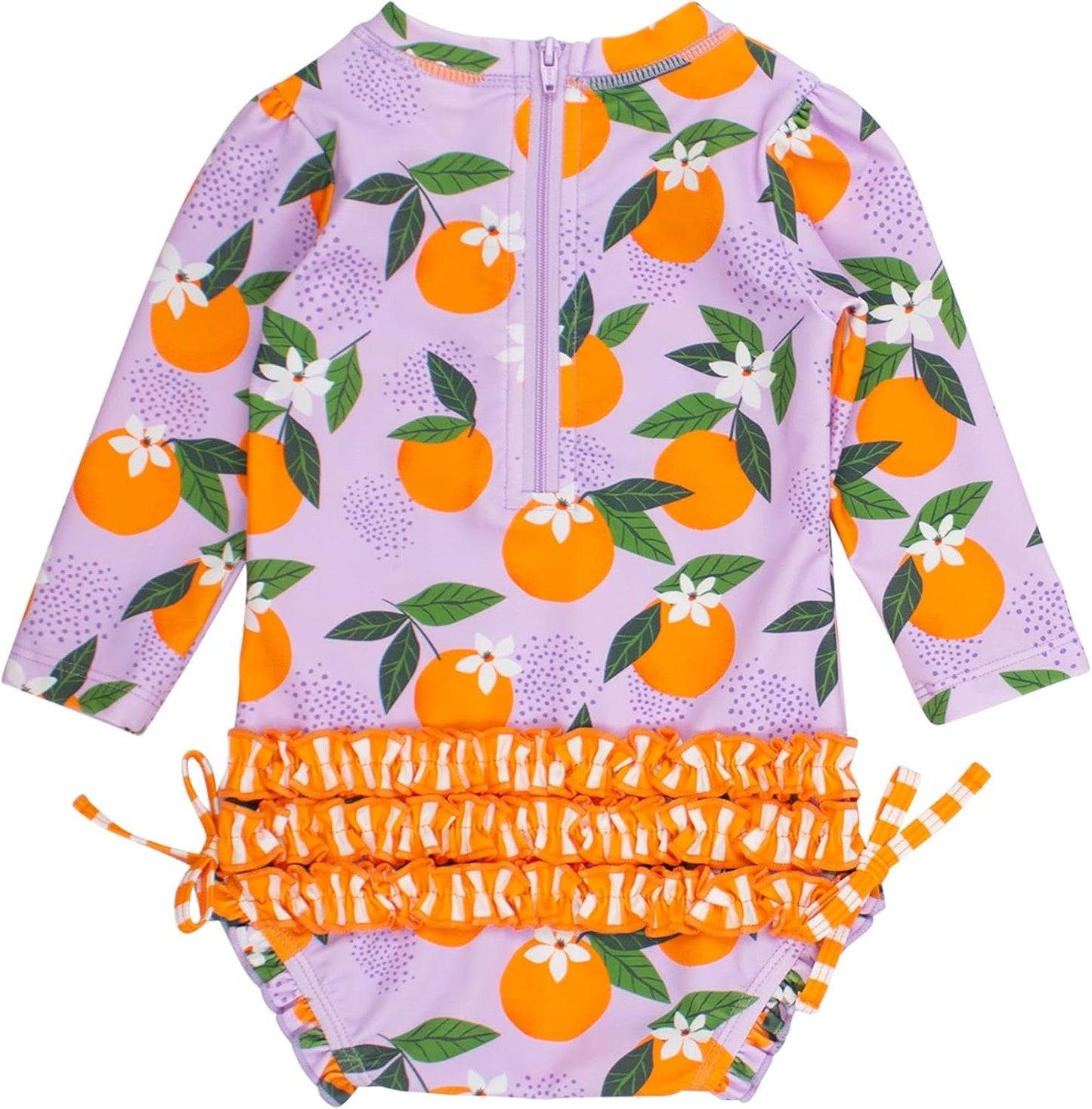 RuffleButts Baby Girls UPF 50+ Sun Protection Novelty Print Long Sleeve One Piece Rash Guard Swimsuit with Zipper