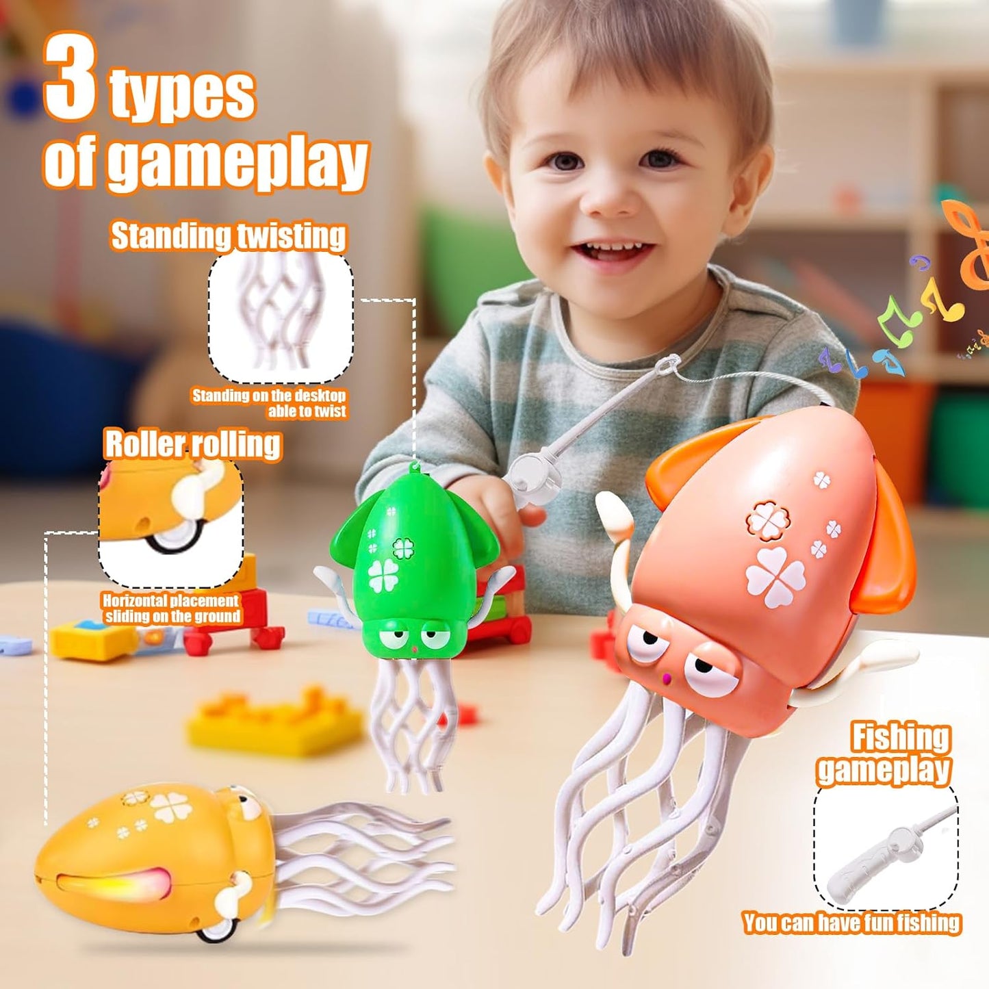 Dancing Octopus Toy Magic Electric Playful Tummy Time Toy, Auto Evasion Crawling Dancing Octopus with Fishing Rod for Baby Toddlers for 3 4 5 6 Year Old Kids Boy Girl Birthday Gifts (Pink)