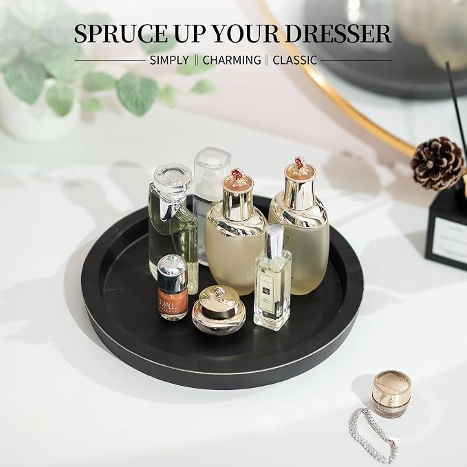 Hanobe Wooden Tray for Coffee Table: Candle Holder Plate Black Round Decorative