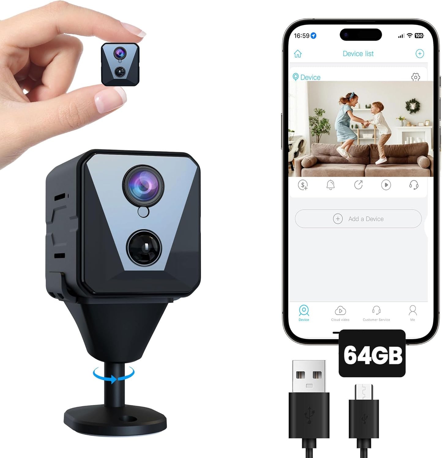 4K WiFi Indoor Camera with 64GB SD Card, Battery Powered Security Cam, 100-Day Standby, AI Human Detection, Night Vision, Real-Time Alert, Baby Monitor, Pet Cam for Home or Office