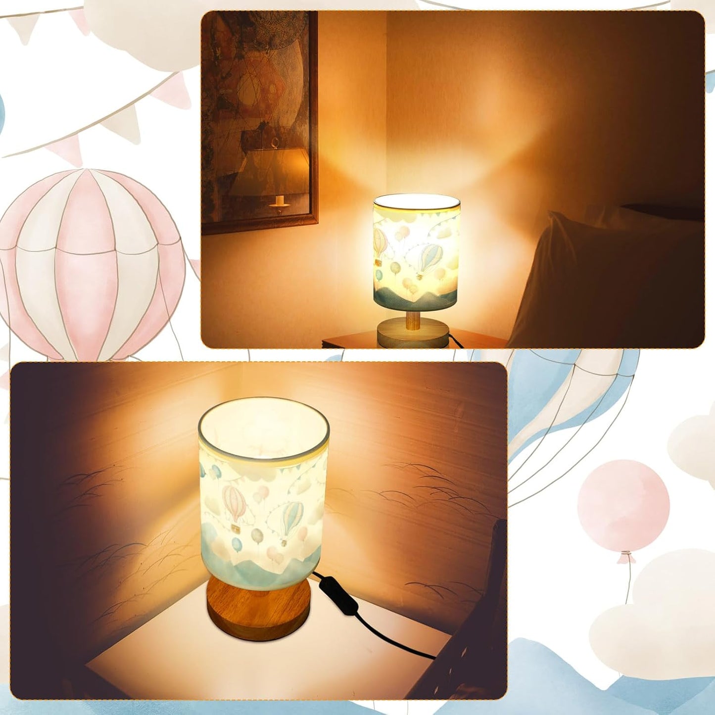 VIHOSE Hot Air Balloon Kids Table Lamp for Bedroom Kids Bedside Lamp with Linen Wooden Nightstand Cartoon Nursery Lampshade for Girls Boys Living Room