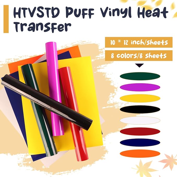 HTVSTD Puff HTV Heat Transfer Vinyl 8 Sheets 12×10in Iron on Vinyl | Puffy