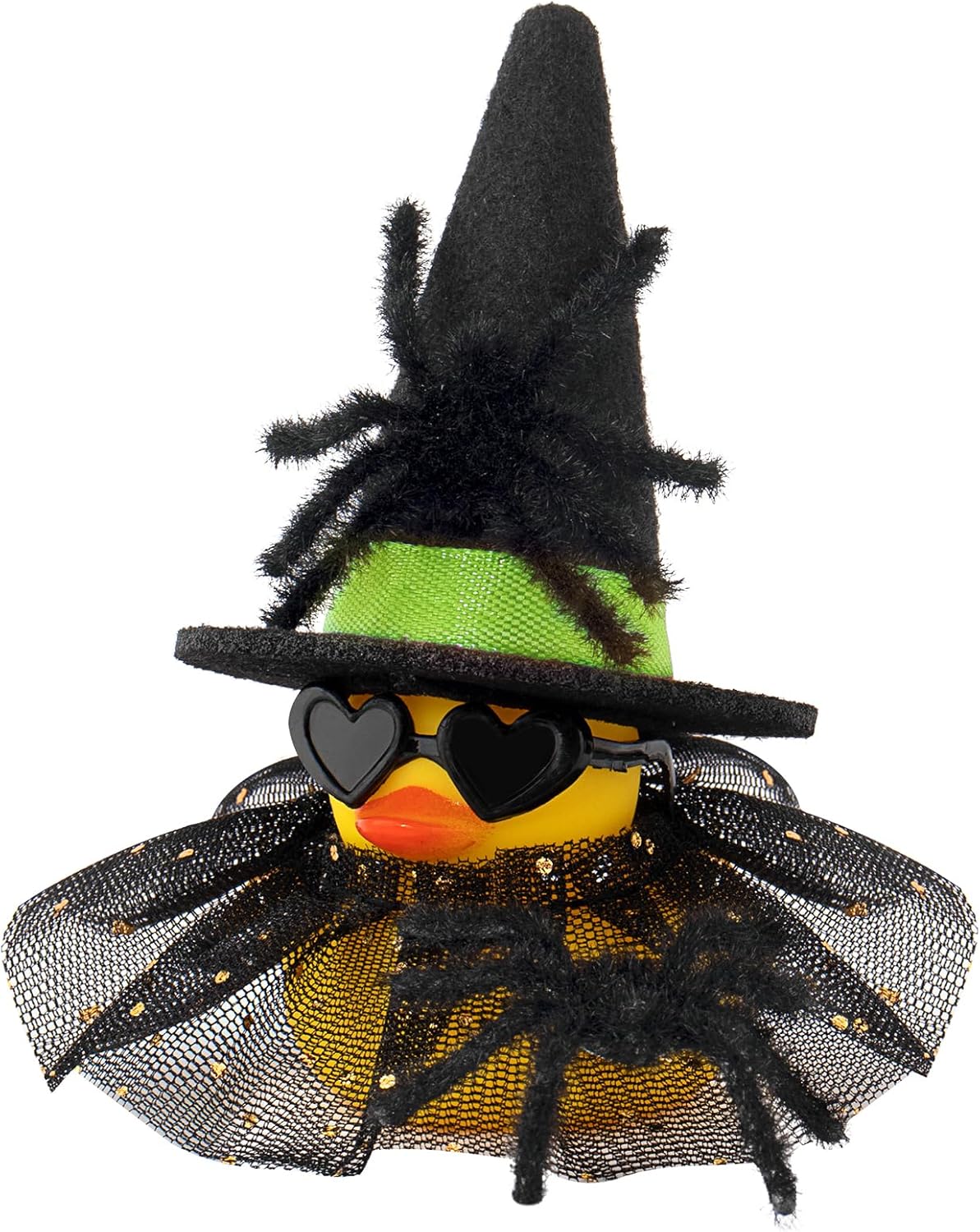 wonuu Car Dashboard Spider Witch Rubber Ducks for Halloween, Decorations Duck for Office Desk Ornament Accessories with Hat Glasses Skirt, for Halloween Party Gifts (Gold Point Skirt Green)