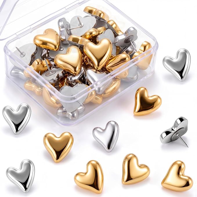 Epakh 30 Pcs Metallic Heart Thumb Tacks Decorative Push Pins Push Pins Metallic