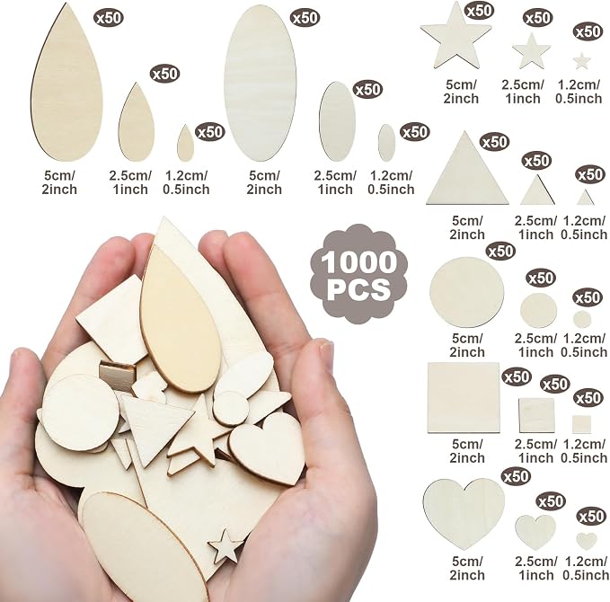 Gerrii 1000 Pcs Natural Wood Shapes Assortment Blank Wooden Craft Shapes Bulk