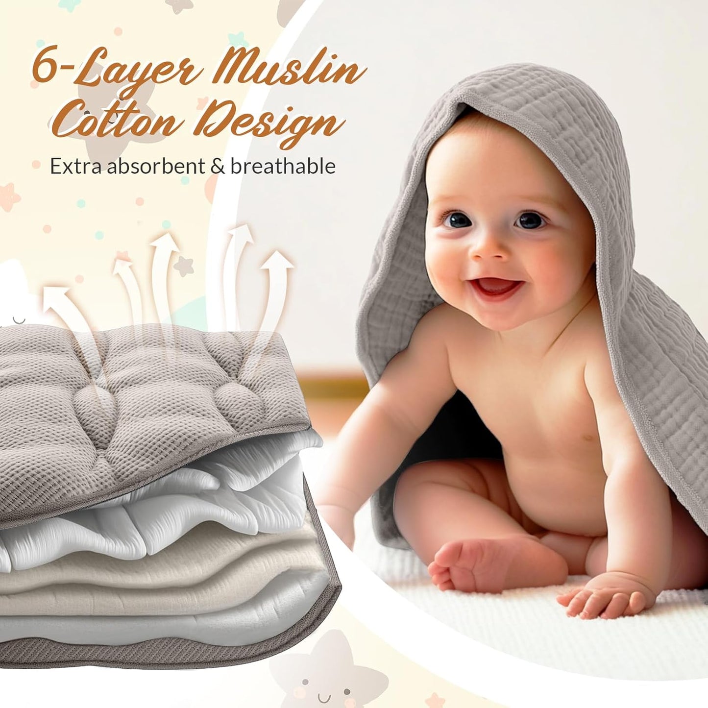 6 Pcs Muslin Hooded Bath Towels Washcloths and Bibs Set, Muslin Cotton Baby Towels Absorbent Hooded Blanket Towel Infant Bibs for Boys Girls Newborn Infant Essentials(Brown, Beige)