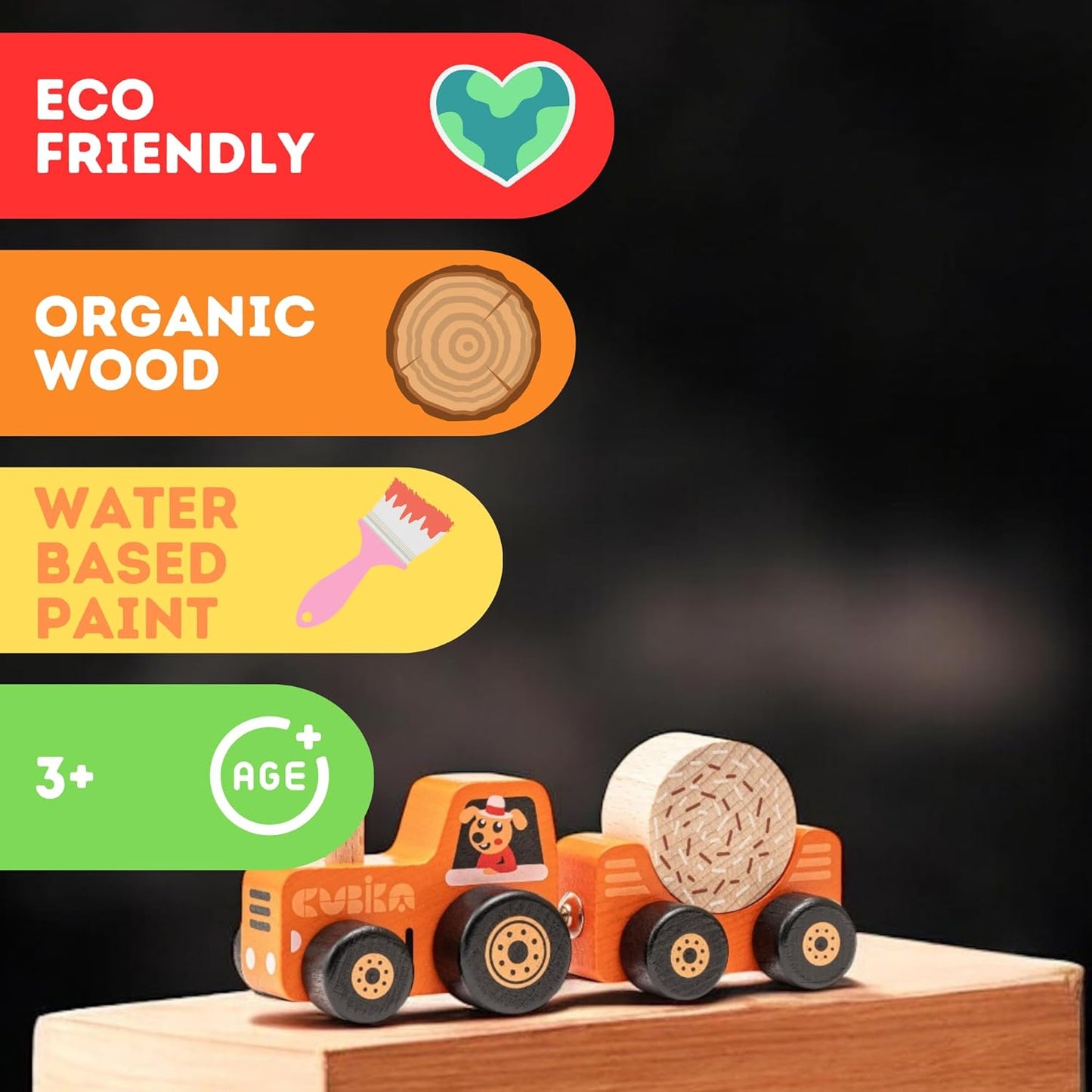 CUBIKA Wooden Toy Tractor – Montessori Toy for Toddlers Ages 3+ – Wooden Tractor with Magnetic Fasteners – FSC-Certified Wood, German Water-Based Paints – Travel-Friendly Fine Motor Toy