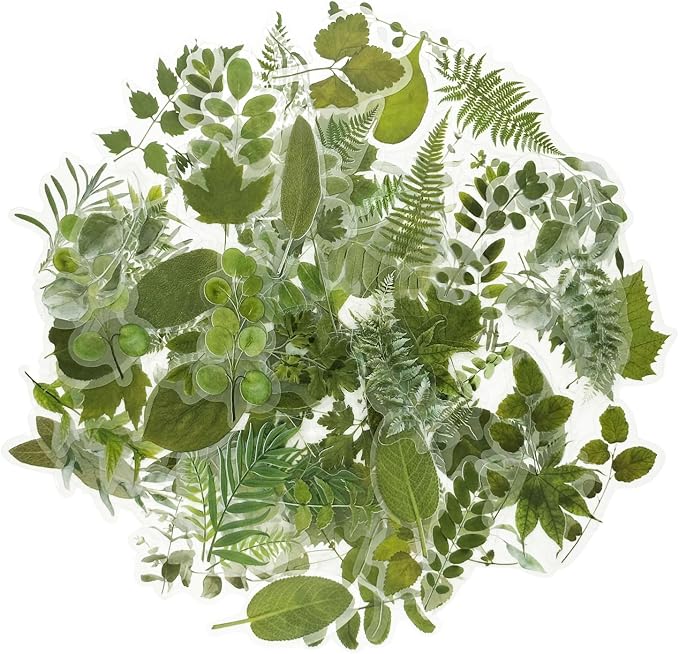 100Pcs Small Green Leaf Stickers, Obujopal Nature Plant Stickers Transparent