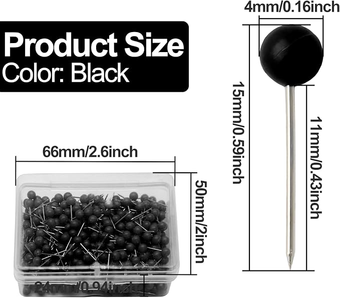 Black Map Pins, 1/8 Inch, Round Ball Head | Map Tacks, Push Pins