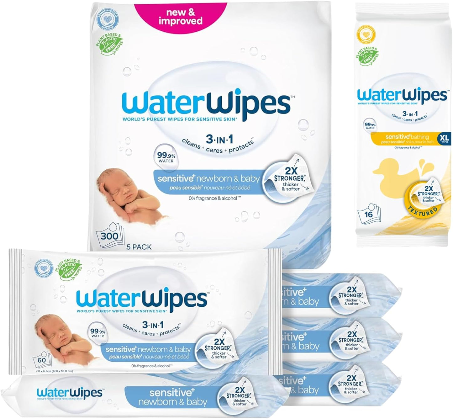 WaterWipes Bundle, Original 300 Count (5 packs) & XL Bathing Wipes 16 Count (1 pack), Plastic-Free, 99.9% Water Based Wipes, Unscented, Hypoallergenic for Sensitive Skin, Packaging May Vary