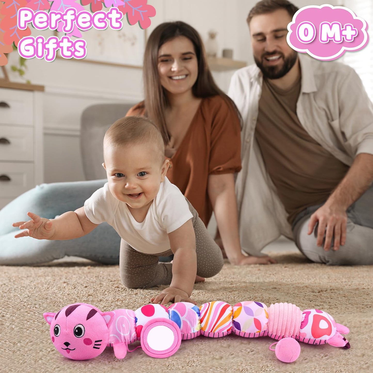 Baby Toys 0-6 6-12 Months, Stuffed Animal Infant Tummy Time Toys Sensory Toys with Crinkle Rattles Textures and Mirror Gifts for Newborn Boys Girls, Baby (Pink)